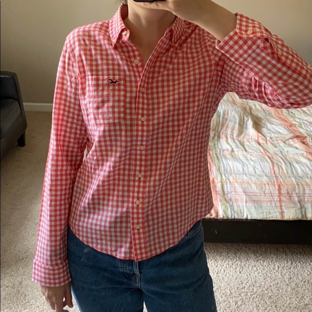Hollister Womens Button Down Orange Checkered